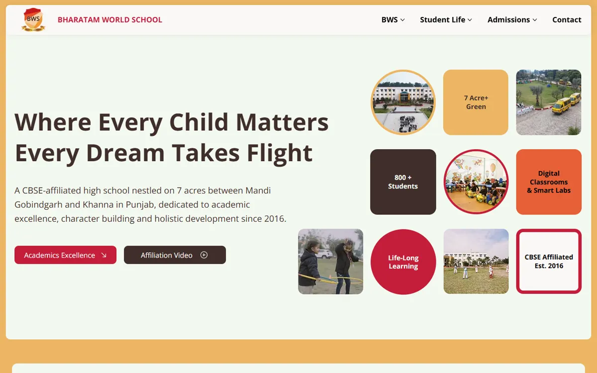 Bharatam World School website: first impression, “7 Acre+ Green”