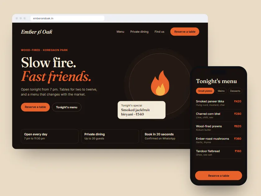 Concept design for Ember & Oak: a dark, warm restaurant website on a laptop and its mobile menu on a phone